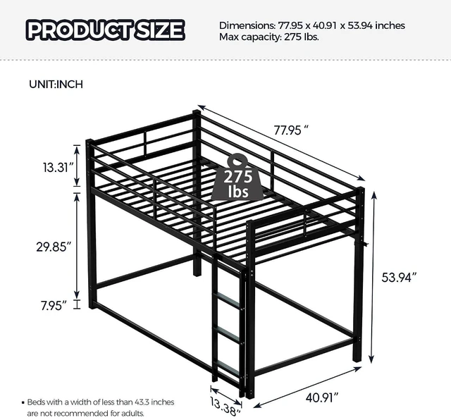Alt view image 2 of 7 - Twin Over Twin Affordable Metal Floor Bunk Bed, Low Profile Bunk Bed with Ladder and Safety Guardrails for Kids Teens Bedroom, No Box Spring Needed, Black