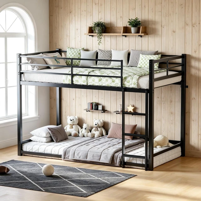 Main image of Twin Over Twin Affordable Metal Floor Bunk Bed, Low Profile Bunk Bed with Ladder and Safety Guardrails for Kids Teens Bedroom, No Box Spring Needed, Black