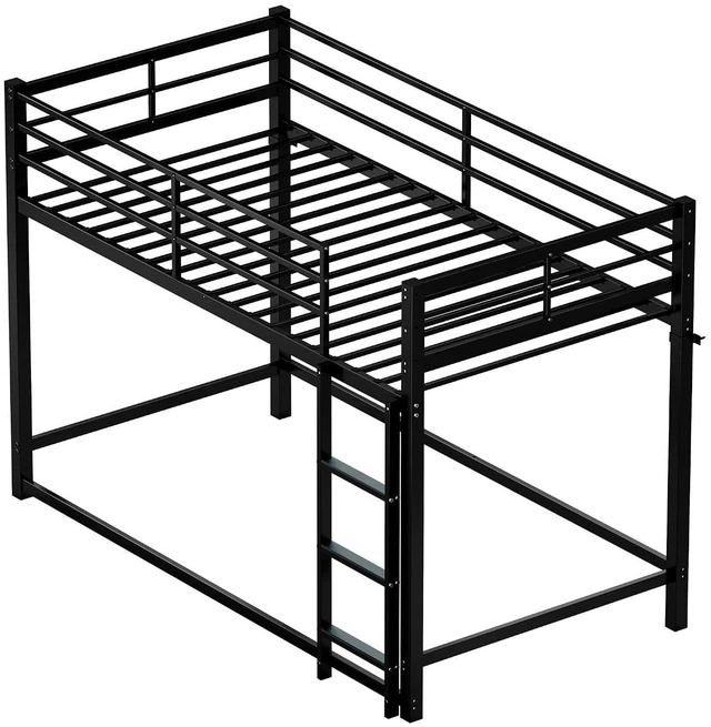 Alt view image 5 of 7 - Twin Over Twin Affordable Metal Floor Bunk Bed, Low Profile Bunk Bed with Ladder and Safety Guardrails for Kids Teens Bedroom, No Box Spring Needed, Black