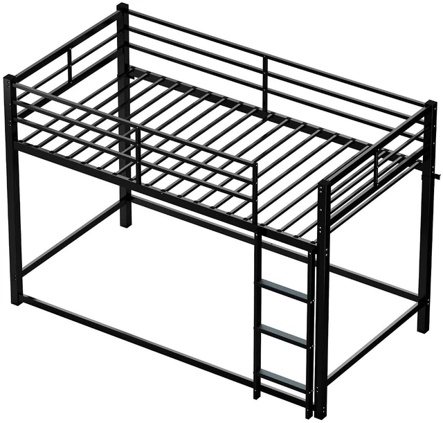 Alt view image 7 of 7 - Twin Over Twin Affordable Metal Floor Bunk Bed, Low Profile Bunk Bed with Ladder and Safety Guardrails for Kids Teens Bedroom, No Box Spring Needed, Black