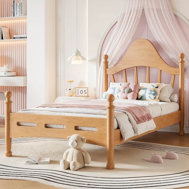 Alt view image 3 of 7 - Twin Wood Platform Bed Frame with Curved Headboard for Kids, Natural