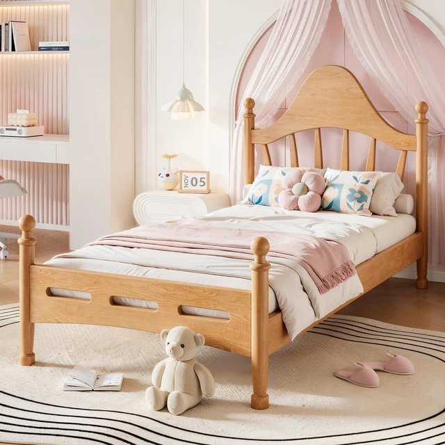 Alt view image 4 of 7 - Twin Wood Platform Bed Frame with Curved Headboard for Kids, Natural