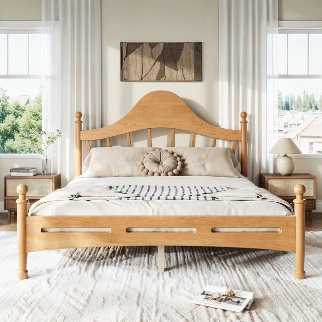 Main image of Wooden Platform Bed Frame Queen with Curved Headboard for Kids, Natural