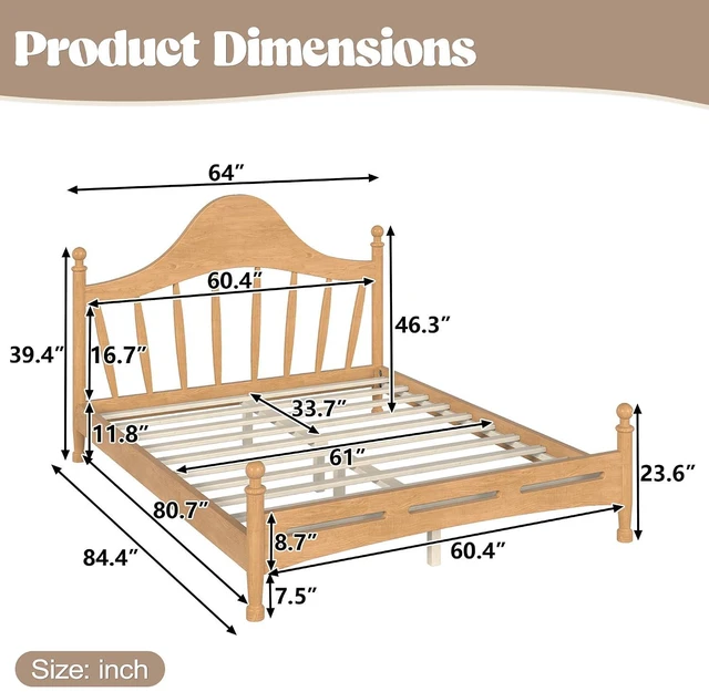 Alt view image 2 of 7 - Wooden Platform Bed Frame Queen with Curved Headboard for Kids, Natural