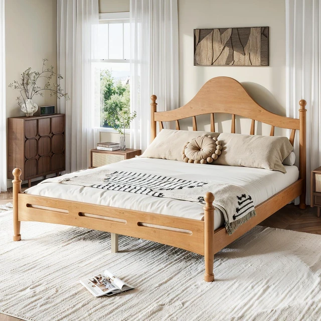 Alt view image 3 of 7 - Wooden Platform Bed Frame Queen with Curved Headboard for Kids, Natural