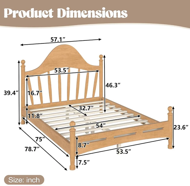 Alt view image 2 of 7 - Kids Full Platform Bed with Curved Headboard, Solid Wood Bed Frame, Natural