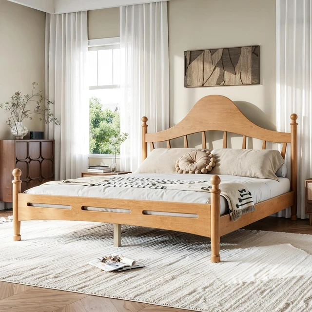 Alt view image 4 of 7 - Wooden Platform Bed Frame Queen with Curved Headboard for Kids, Natural