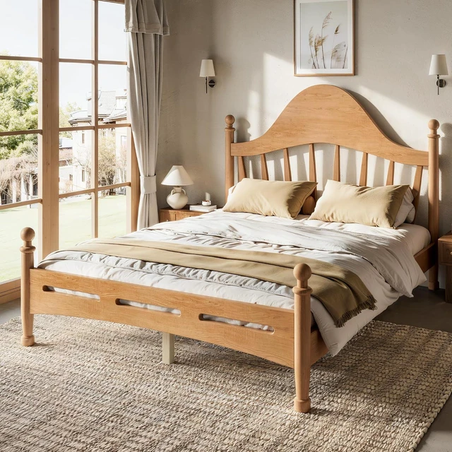 Alt view image 4 of 7 - Kids Full Platform Bed with Curved Headboard, Solid Wood Bed Frame, Natural
