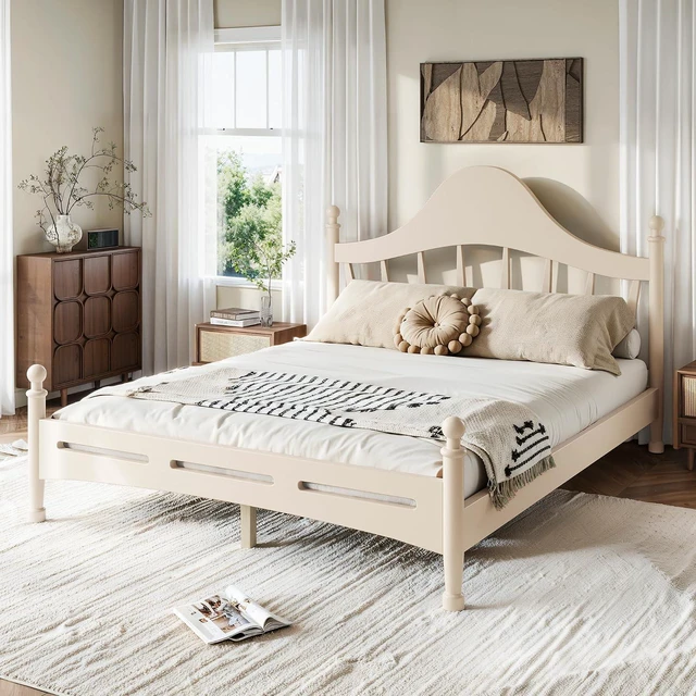 Alt view image 3 of 7 - Wooden Platform Bed Frame Queen with Curved Headboard for Kids, Beige