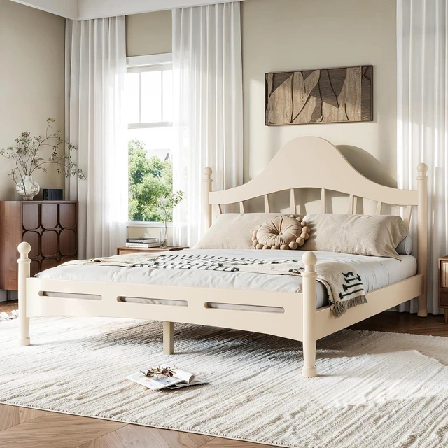 Alt view image 4 of 7 - Wooden Platform Bed Frame Queen with Curved Headboard for Kids, Beige