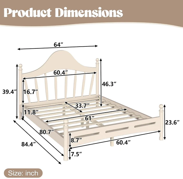 Alt view image 2 of 7 - Wooden Platform Bed Frame Queen with Curved Headboard for Kids, Beige