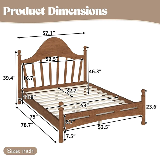 Alt view image 2 of 7 - Kids Full Platform Bed with Curved Headboard, Wood Bed Frame, Antique Brown