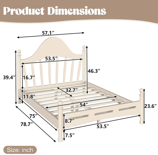 Alt view image 2 of 7 - Kids Full Platform Bed with Curved Headboard, Solid Wood Bed Frame, Beige