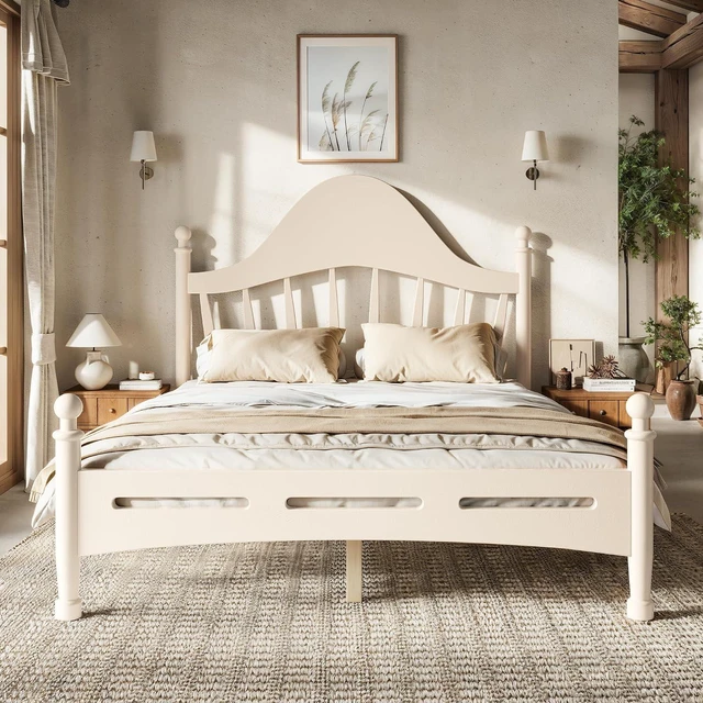 Main image of Kids Full Platform Bed with Curved Headboard, Solid Wood Bed Frame, Beige