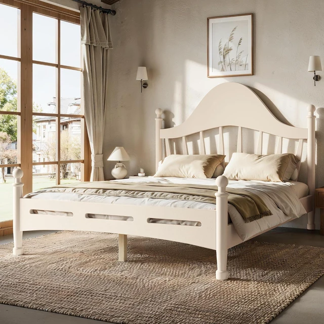 Alt view image 3 of 7 - Kids Full Platform Bed with Curved Headboard, Solid Wood Bed Frame, Beige