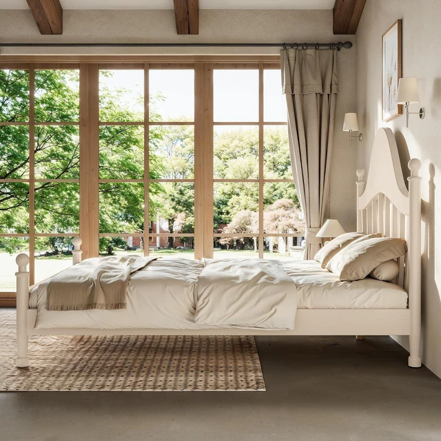 Alt view image 4 of 7 - Kids Full Platform Bed with Curved Headboard, Solid Wood Bed Frame, Beige