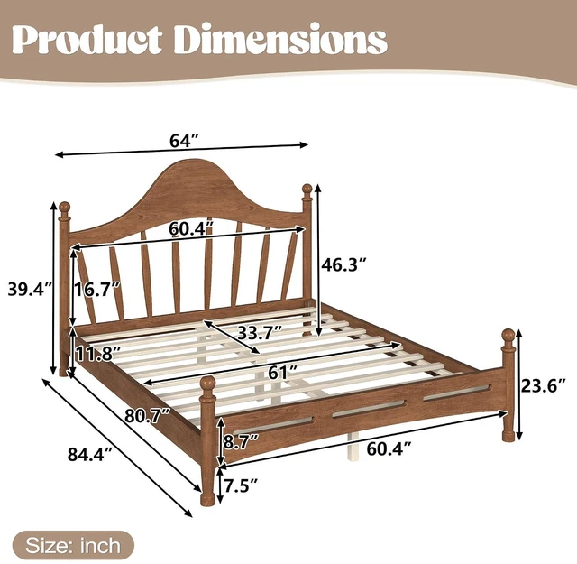 Alt view image 2 of 7 - Wooden Platform Bed Queen with Curved Headboard for Kids, Antique Brown