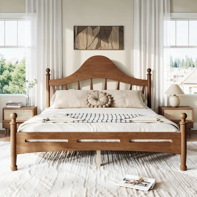 Alt view image 3 of 7 - Wooden Platform Bed Queen with Curved Headboard for Kids, Antique Brown