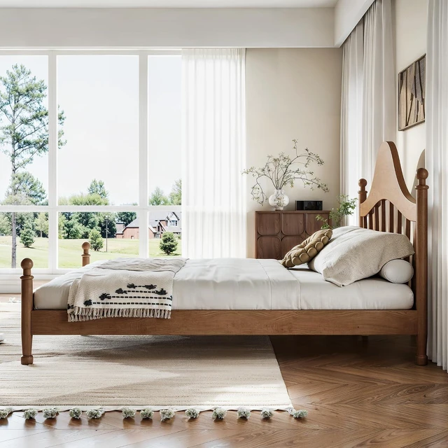 Alt view image 4 of 7 - Wooden Platform Bed Queen with Curved Headboard for Kids, Antique Brown