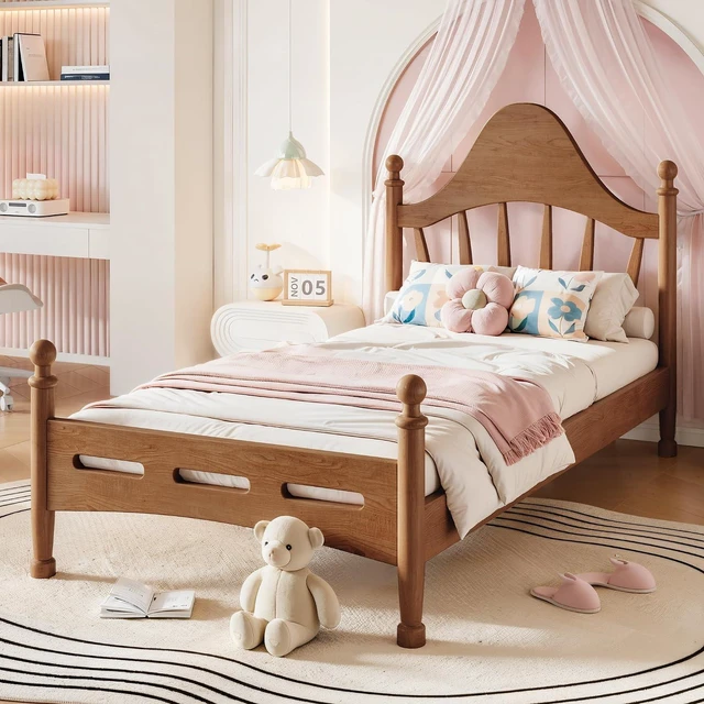 Main image of Twin Wood Platform Bed Frame with Curved Headboard for Kids, Walnut