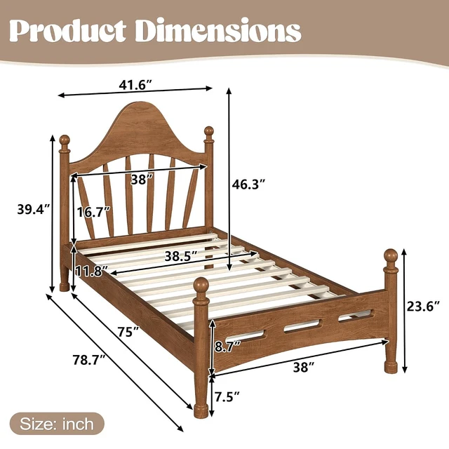 Alt view image 2 of 7 - Twin Wood Platform Bed Frame with Curved Headboard for Kids, Walnut