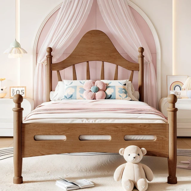 Alt view image 3 of 7 - Twin Wood Platform Bed Frame with Curved Headboard for Kids, Walnut