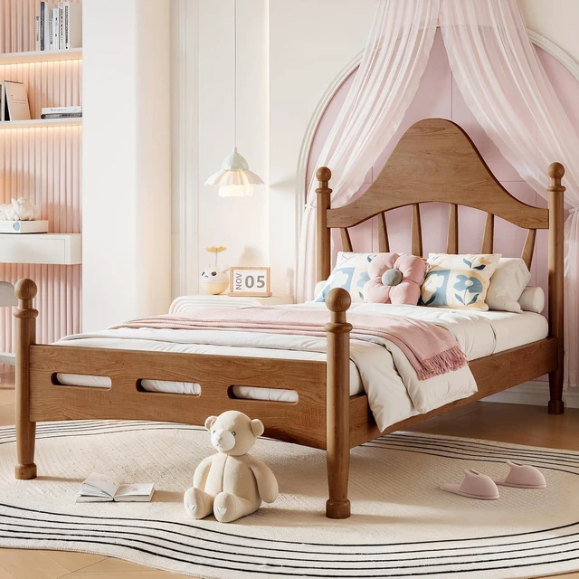 Alt view image 4 of 7 - Twin Wood Platform Bed Frame with Curved Headboard for Kids, Walnut