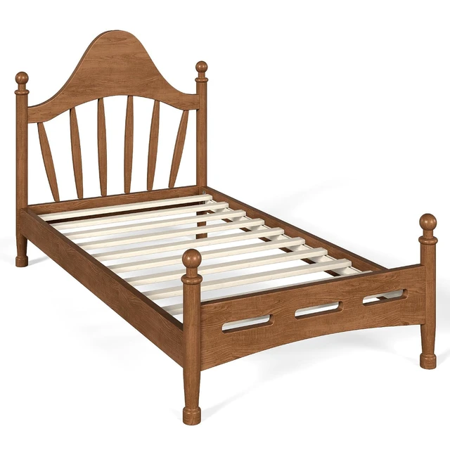 Alt view image 6 of 7 - Twin Wood Platform Bed Frame with Curved Headboard for Kids, Walnut