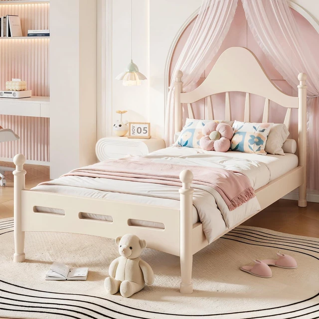 Main image of Twin Wood Platform Bed Frame with Curved Headboard for Kids, Beige
