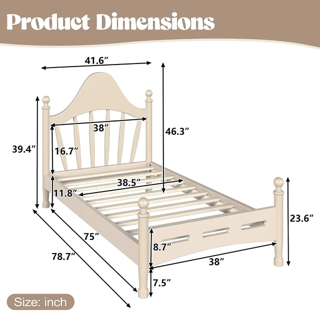 Alt view image 2 of 7 - Twin Wood Platform Bed Frame with Curved Headboard for Kids, Beige