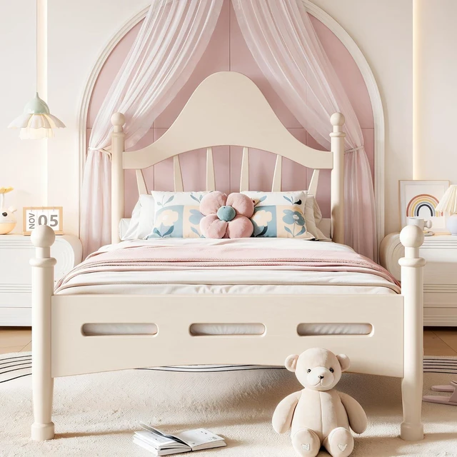 Alt view image 3 of 7 - Twin Wood Platform Bed Frame with Curved Headboard for Kids, Beige