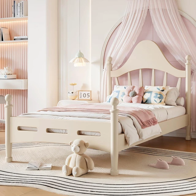 Alt view image 4 of 7 - Twin Wood Platform Bed Frame with Curved Headboard for Kids, Beige