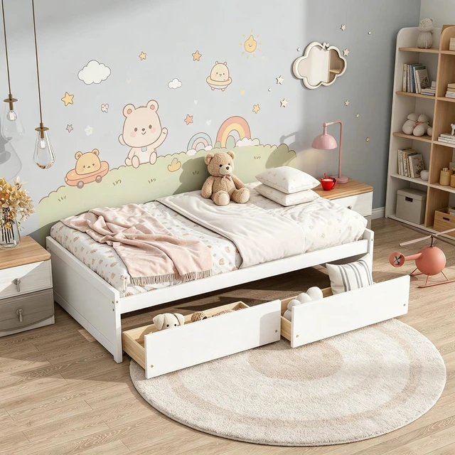 Main image of Twin Size Solid Wood Platform Bed Frame with 2 Storage Drawers, Low Profile Bed No Headboard for Small Bedroom Living Room and Dorm Rooms to Save Space,No Box Spring Needed, White