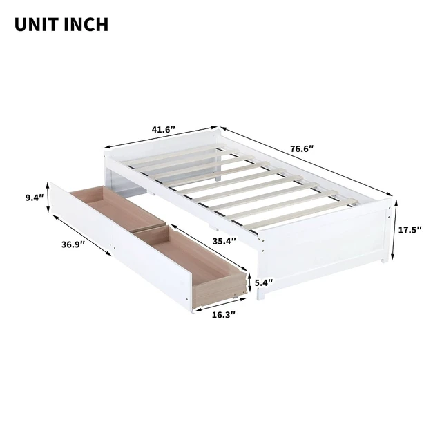 Alt view image 2 of 7 - Twin Size Solid Wood Platform Bed Frame with 2 Storage Drawers, Low Profile Bed No Headboard for Small Bedroom Living Room and Dorm Rooms to Save Space,No Box Spring Needed, White