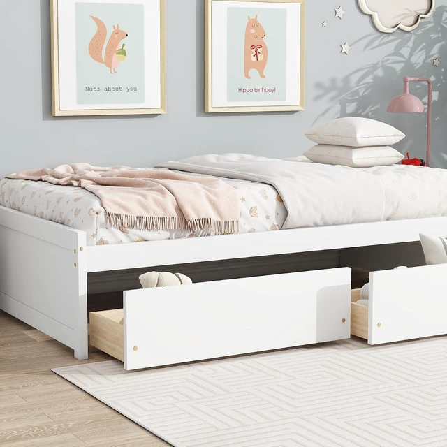 Alt view image 3 of 7 - Twin Size Solid Wood Platform Bed Frame with 2 Storage Drawers, Low Profile Bed No Headboard for Small Bedroom Living Room and Dorm Rooms to Save Space,No Box Spring Needed, White