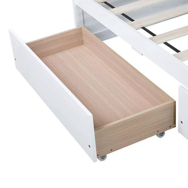 Alt view image 4 of 7 - Twin Size Solid Wood Platform Bed Frame with 2 Storage Drawers, Low Profile Bed No Headboard for Small Bedroom Living Room and Dorm Rooms to Save Space,No Box Spring Needed, White
