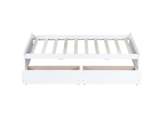 Alt view image 6 of 7 - Twin Size Solid Wood Platform Bed Frame with 2 Storage Drawers, Low Profile Bed No Headboard for Small Bedroom Living Room and Dorm Rooms to Save Space,No Box Spring Needed, White