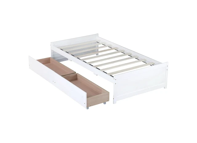 Alt view image 7 of 7 - Twin Size Solid Wood Platform Bed Frame with 2 Storage Drawers, Low Profile Bed No Headboard for Small Bedroom Living Room and Dorm Rooms to Save Space,No Box Spring Needed, White