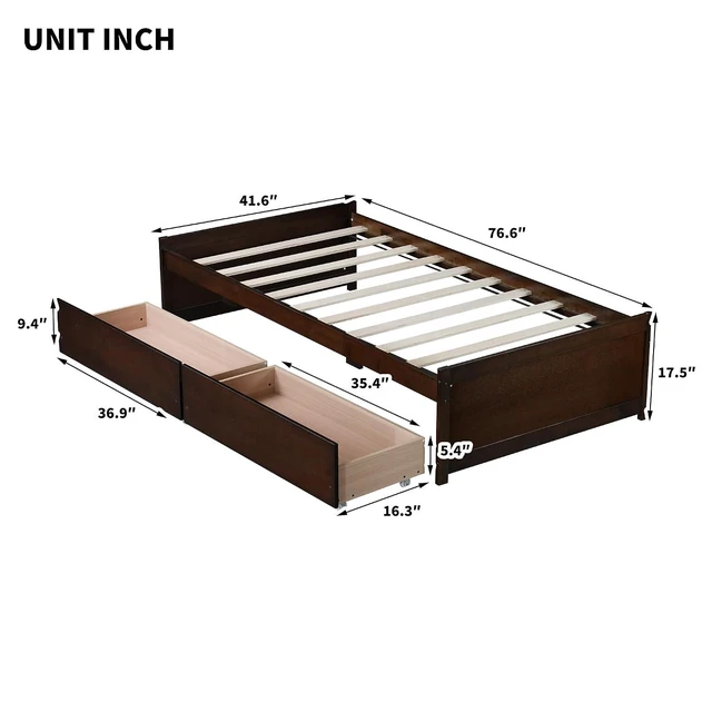 Alt view image 2 of 7 - Twin Size Solid Wood Platform Bed Frame with 2 Storage Drawers, Low Profile Bed No Headboard for Small Bedroom Living Room and Dorm Rooms to Save Space,No Box Spring Needed, Espresso