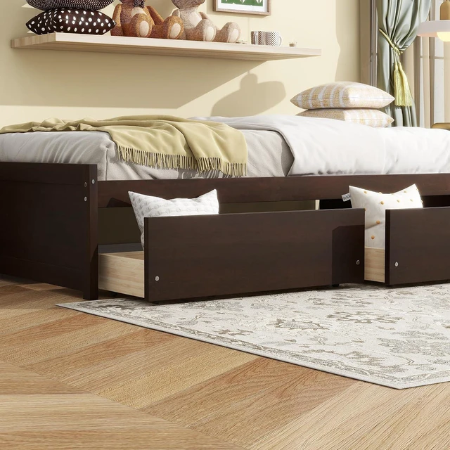 Alt view image 3 of 7 - Twin Size Solid Wood Platform Bed Frame with 2 Storage Drawers, Low Profile Bed No Headboard for Small Bedroom Living Room and Dorm Rooms to Save Space,No Box Spring Needed, Espresso