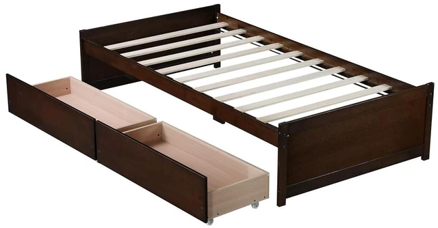 Alt view image 6 of 7 - Twin Size Solid Wood Platform Bed Frame with 2 Storage Drawers, Low Profile Bed No Headboard for Small Bedroom Living Room and Dorm Rooms to Save Space,No Box Spring Needed, Espresso