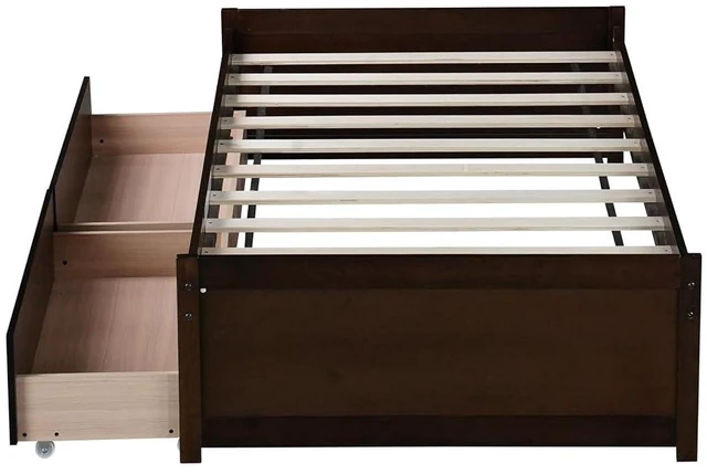 Alt view image 7 of 7 - Twin Size Solid Wood Platform Bed Frame with 2 Storage Drawers, Low Profile Bed No Headboard for Small Bedroom Living Room and Dorm Rooms to Save Space,No Box Spring Needed, Espresso