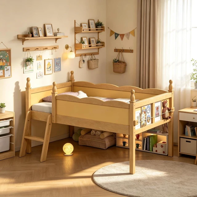Main image of Twin Size Low Wood Loft Bed with Storage Book Shelfr, Kids Loft Bed with Safety Guardrails and Play Space for Princess Girls Boys Teen, Natural