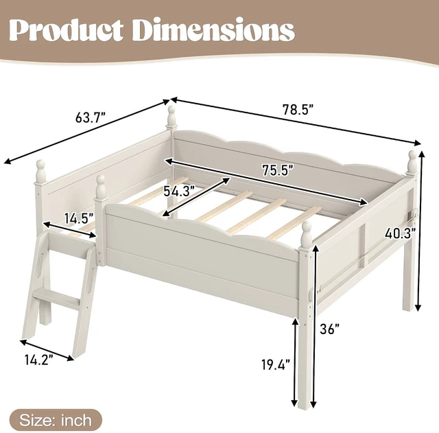 Alt view image 2 of 7 - Full Size Low Wood Loft Bed with Storage Book Shelfr, Kids Loft Bed with Safety Guardrails and Play Space for Princess Girls Boys Teen, Beige