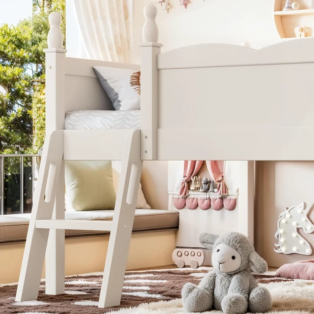 Alt view image 3 of 7 - Full Size Low Wood Loft Bed with Storage Book Shelfr, Kids Loft Bed with Safety Guardrails and Play Space for Princess Girls Boys Teen, Beige