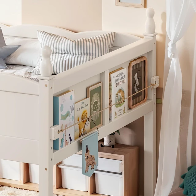 Alt view image 5 of 7 - Full Size Low Wood Loft Bed with Storage Book Shelfr, Kids Loft Bed with Safety Guardrails and Play Space for Princess Girls Boys Teen, Beige