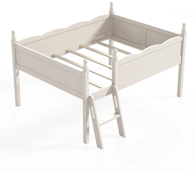 Alt view image 7 of 7 - Full Size Low Wood Loft Bed with Storage Book Shelfr, Kids Loft Bed with Safety Guardrails and Play Space for Princess Girls Boys Teen, Beige