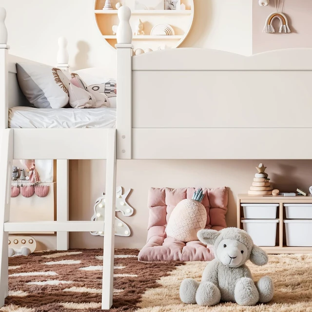 Alt view image 4 of 7 - Full Size Low Wood Loft Bed with Storage Book Shelfr, Kids Loft Bed with Safety Guardrails and Play Space for Princess Girls Boys Teen, Beige