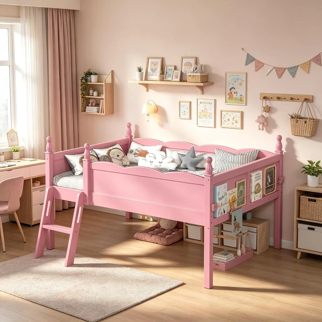 Main image of Full Size Low Wood Loft Bed with Storage Book Shelfr, Kids Loft Bed with Safety Guardrails and Play Space for Princess Girls Boys Teen, Pink