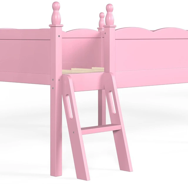 Alt view image 6 of 7 - Full Size Low Wood Loft Bed with Storage Book Shelfr, Kids Loft Bed with Safety Guardrails and Play Space for Princess Girls Boys Teen, Pink